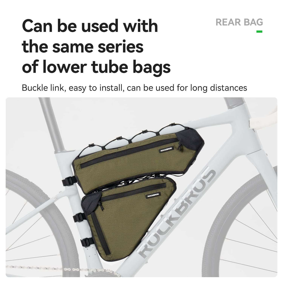Olive bike triangle frame bag on lower frame area with two mounting straps.