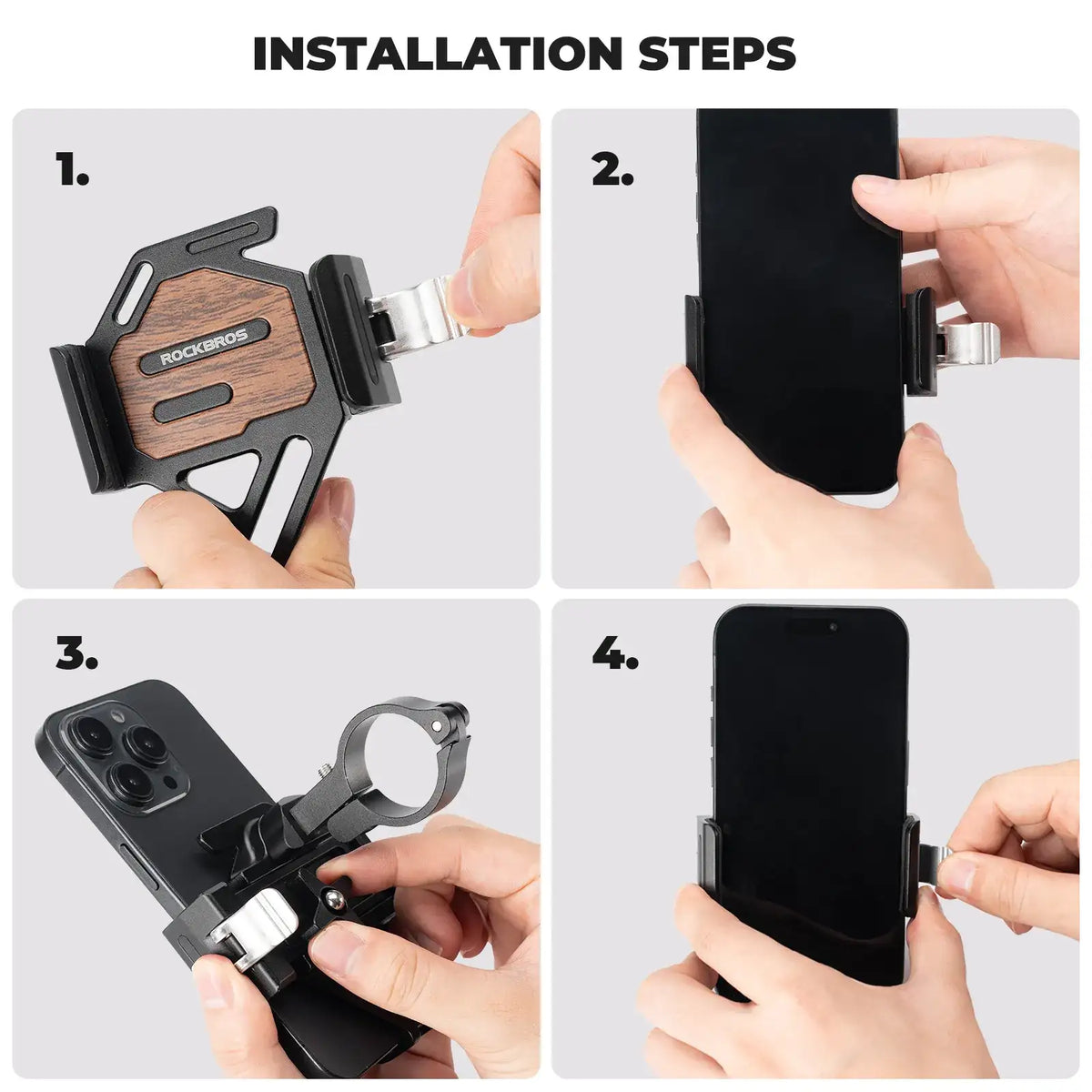 Bike phone mount installation sequence showing cradle attaching to handlebars