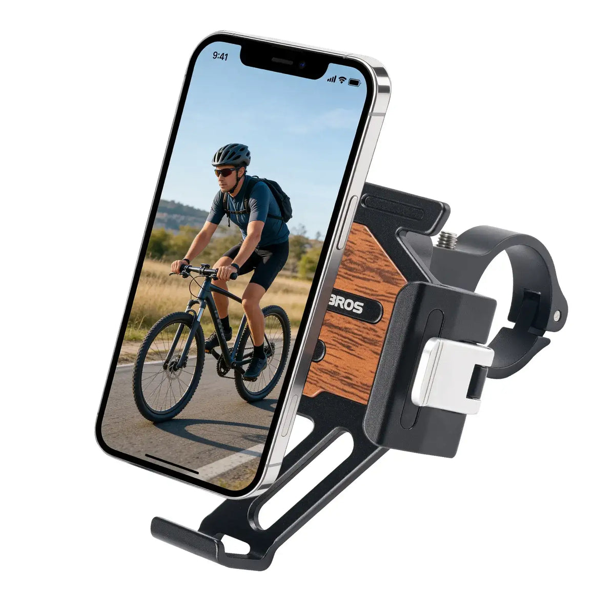 ROCKBROS quick-release aluminum bike phone mount with cradle and wood-style back plate