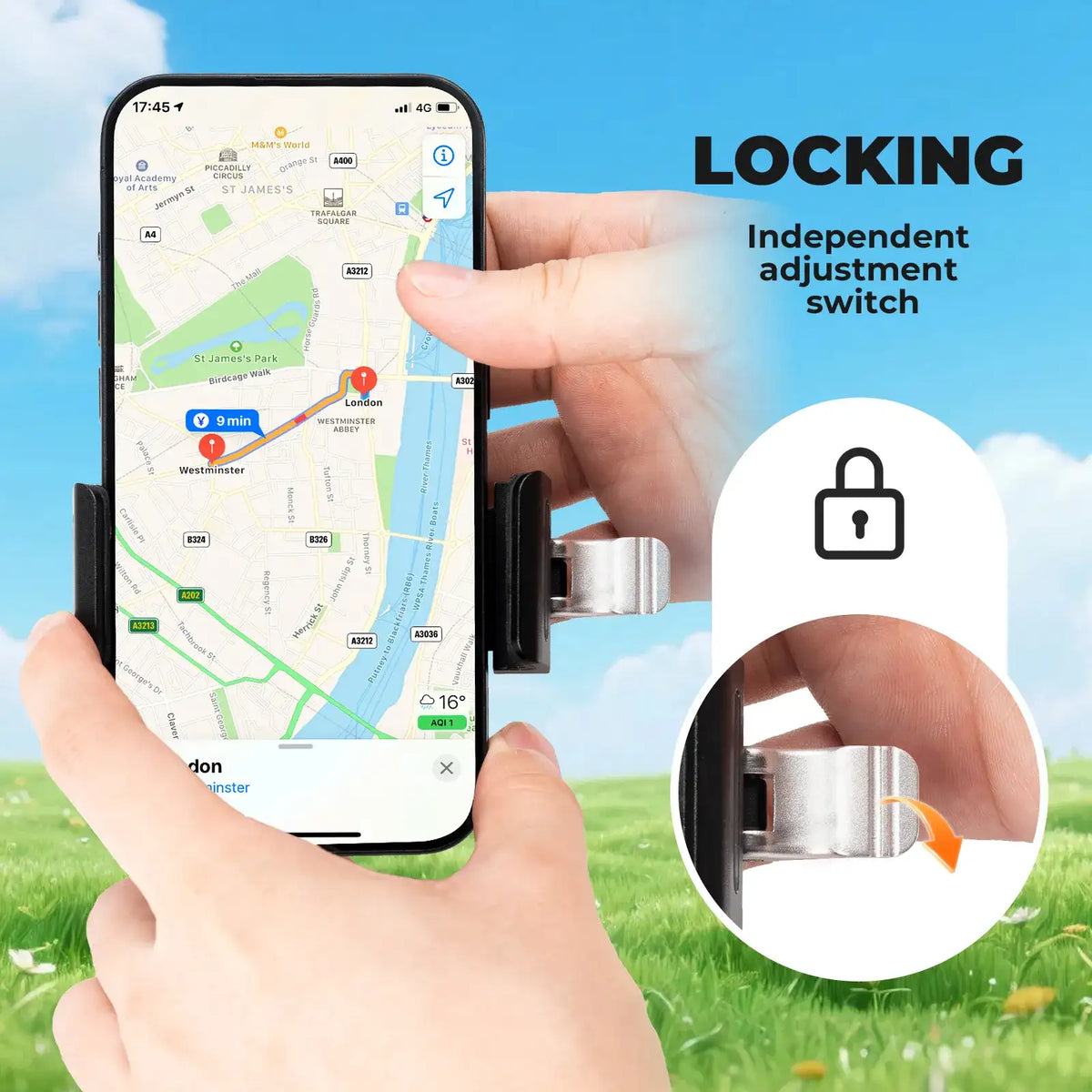 Bike phone mount with independent locking switch for releasing and securing the phone