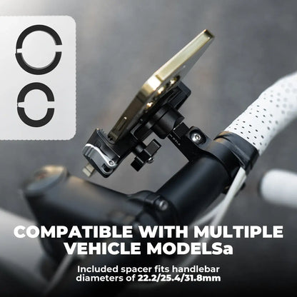 Bike phone mount close-up of adjustable clamp and cradle for secure phone positioning