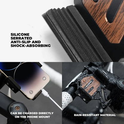 Bike phone mount with silicone anti-slip, shock-absorbing contact pads on cradle