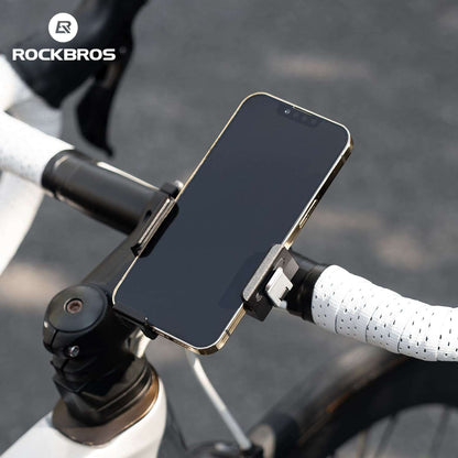 ROCKBROS bike phone mount holding a smartphone on the handlebar with metal clamp