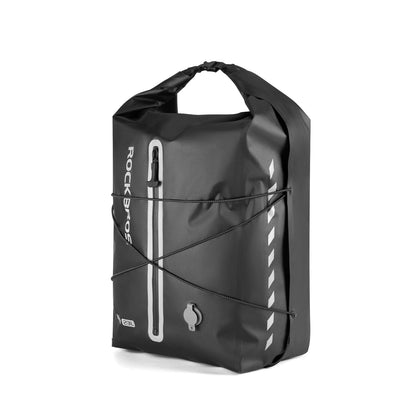 Black waterproof rear rack bag with roll-top closure, handle, and front strap lines