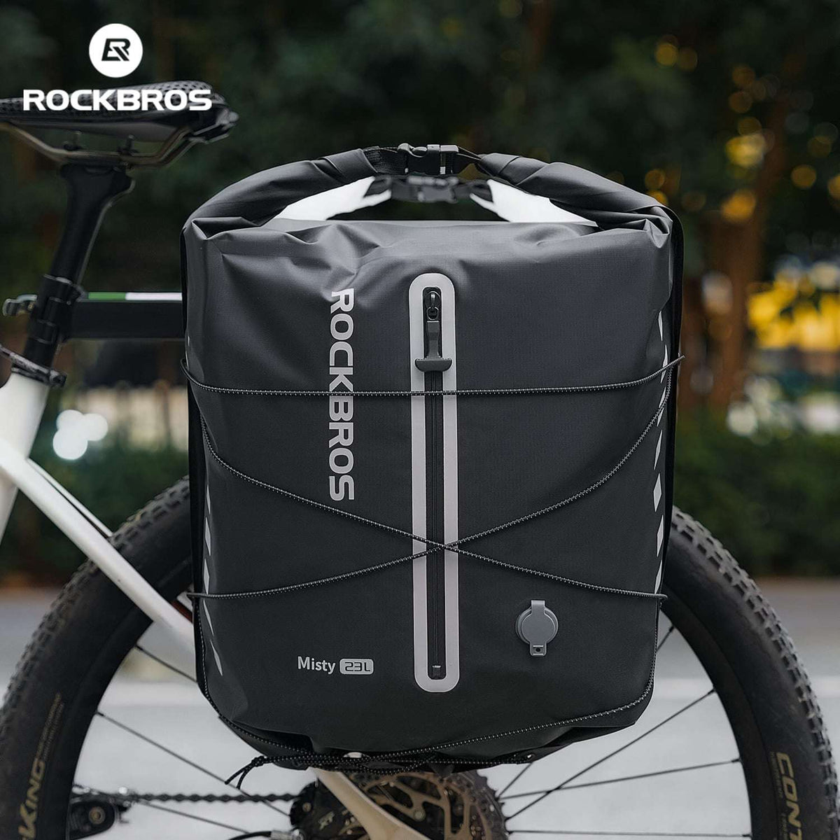 Waterproof bike rear rack bag with roll-top closure, black, vertical strap and handle