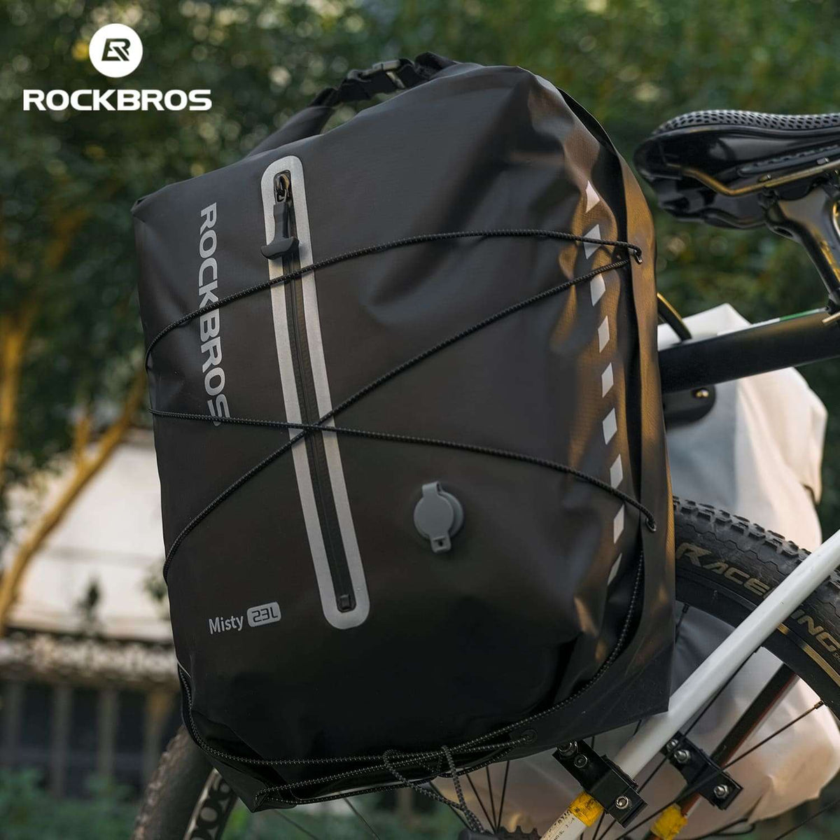 Waterproof bike rear rack bag with roll-top closure, black, front tie straps