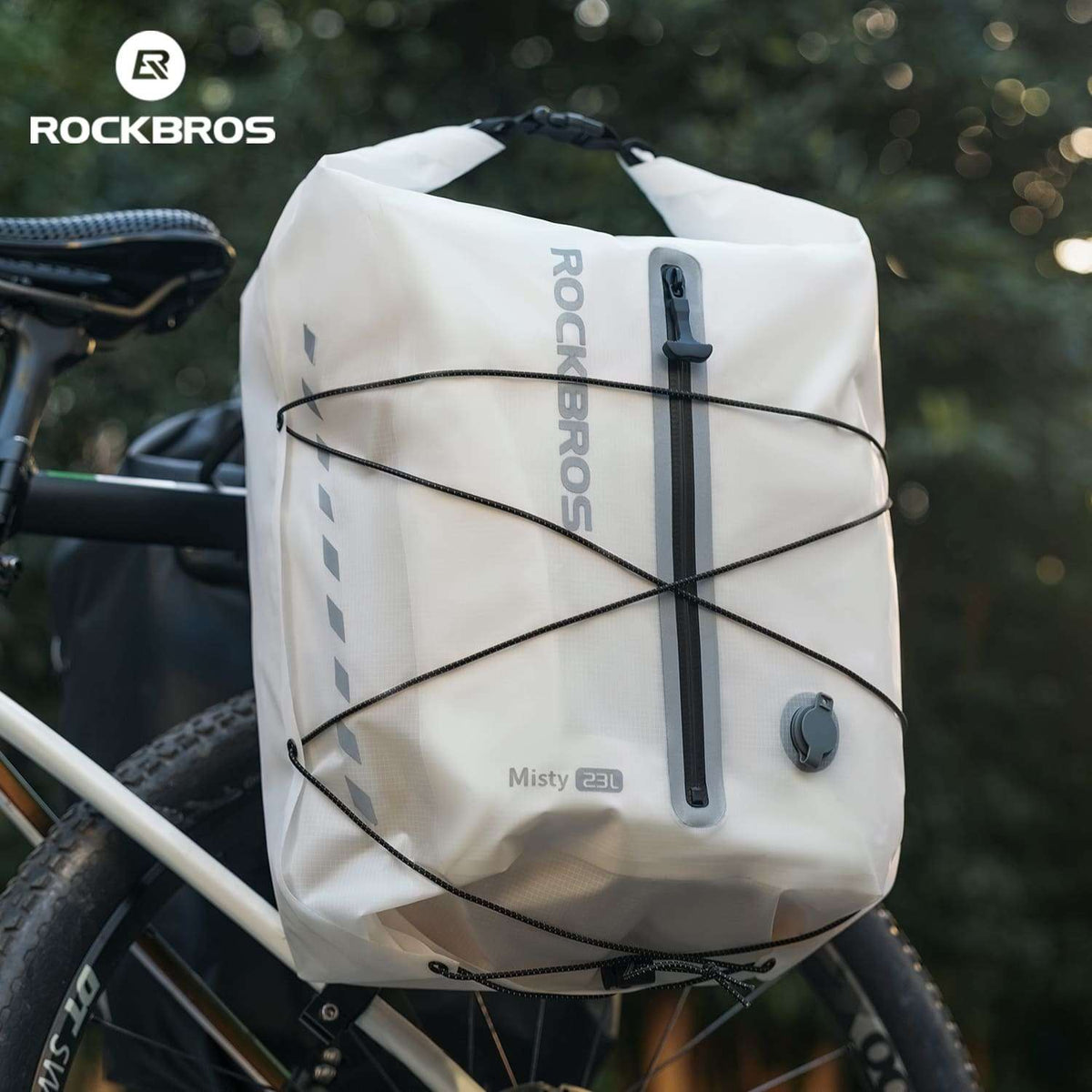 Waterproof bike rear rack bag with roll-top closure, white, vertical buckle strap