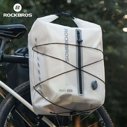 Waterproof bike rear rack bag with roll-top closure, white, vertical buckle strap