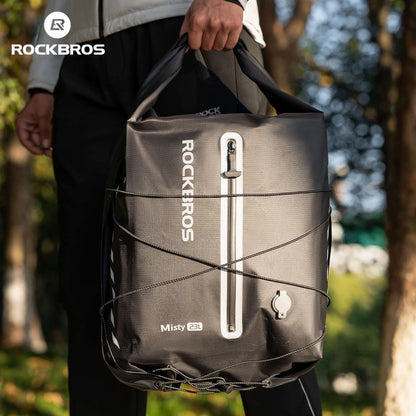 Waterproof bike rear rack bag with roll-top closure, light gray, bottom draw cords