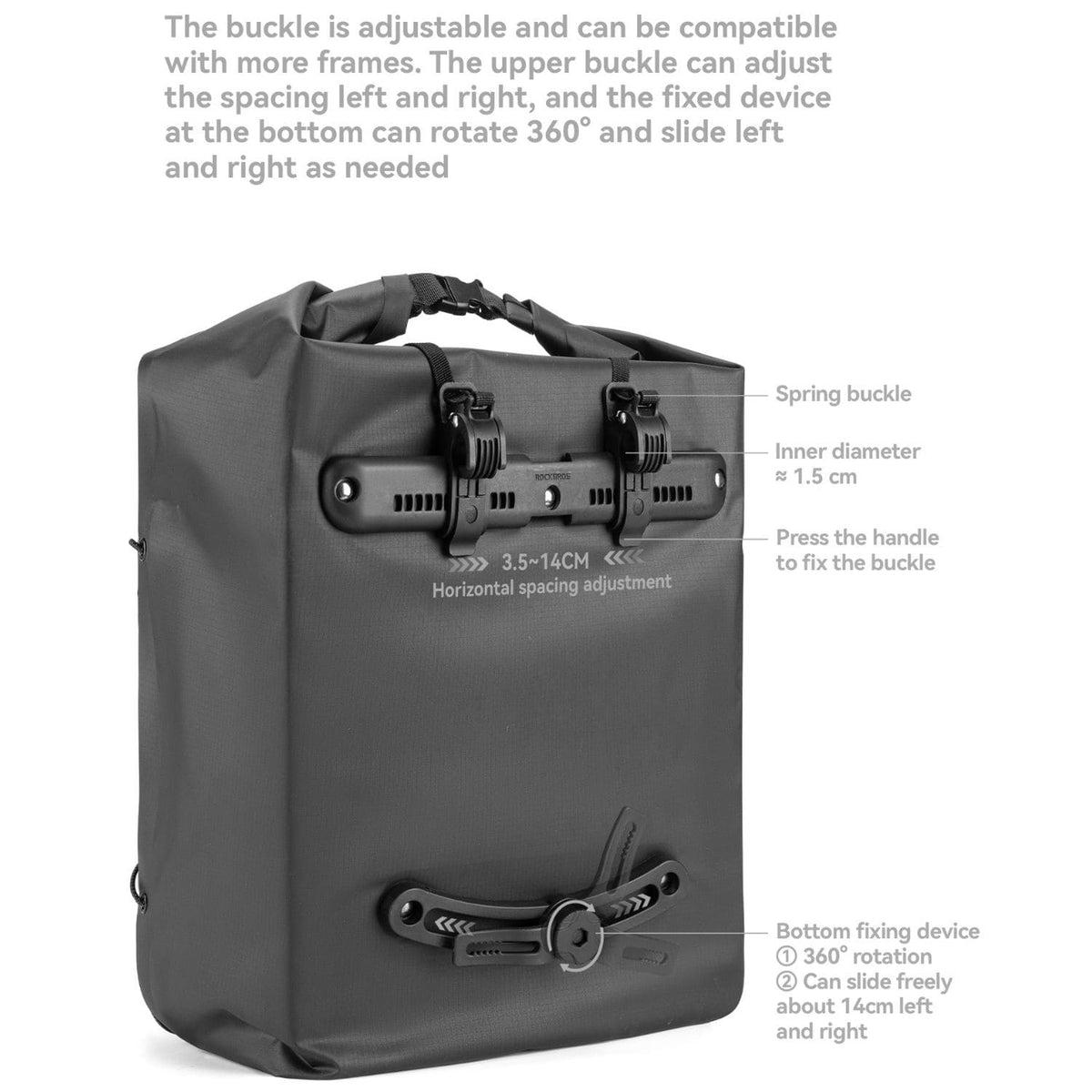 Waterproof bike rear rack bag with top roll closure and buckle, dark gray