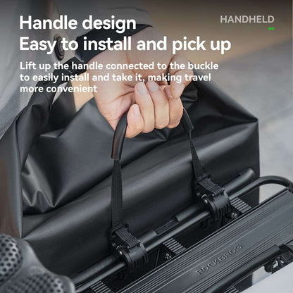 Black rear rack bag with top carry handle and secured side mounting straps