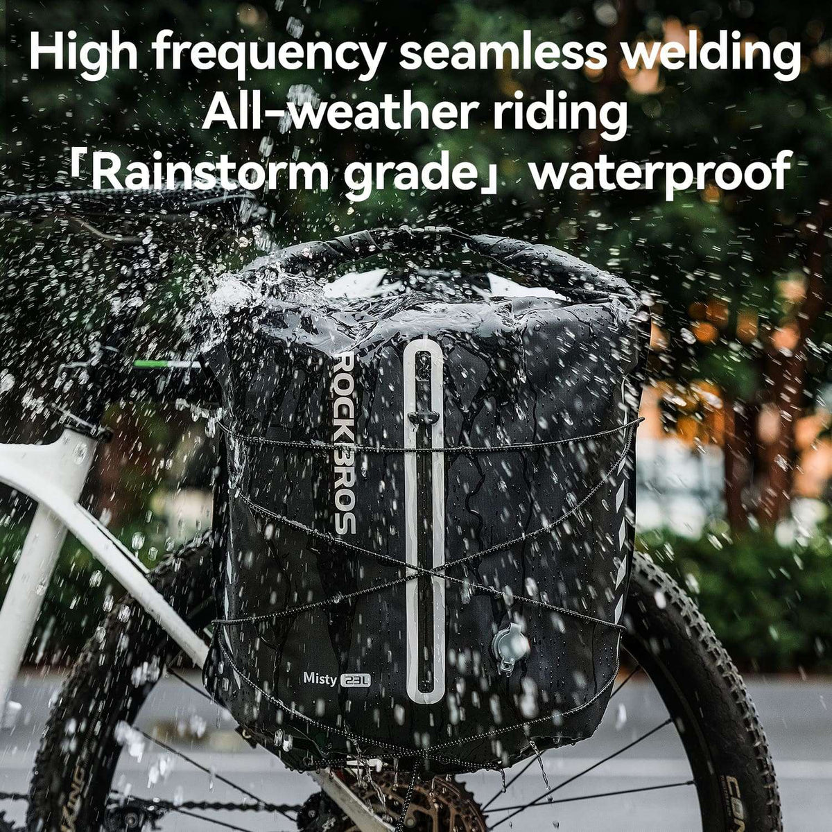 Black waterproof rear rack bag with roll-top closure and side webbing straps
