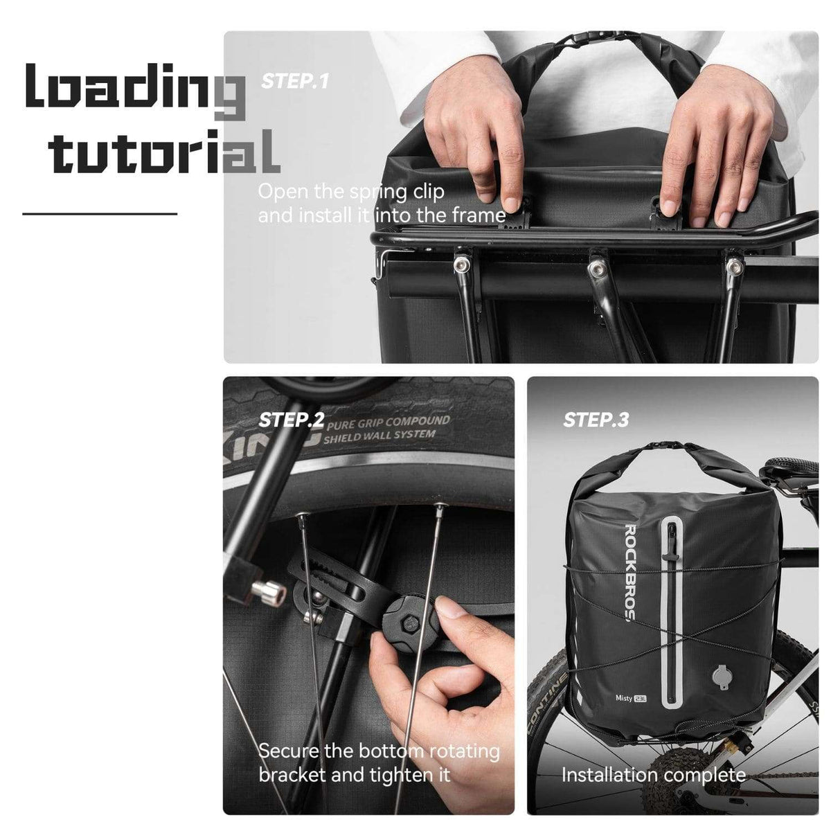 Black rear rack bag mounting steps with spring clips and strap attachments