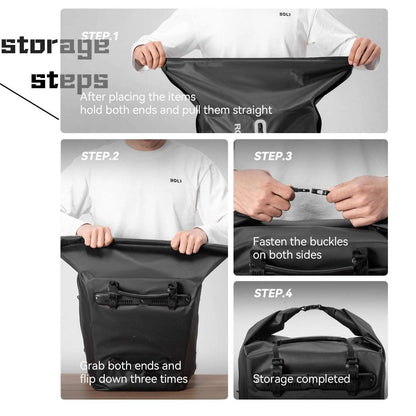 Black rear rack bag open for loading, showing drawstring closure and straps