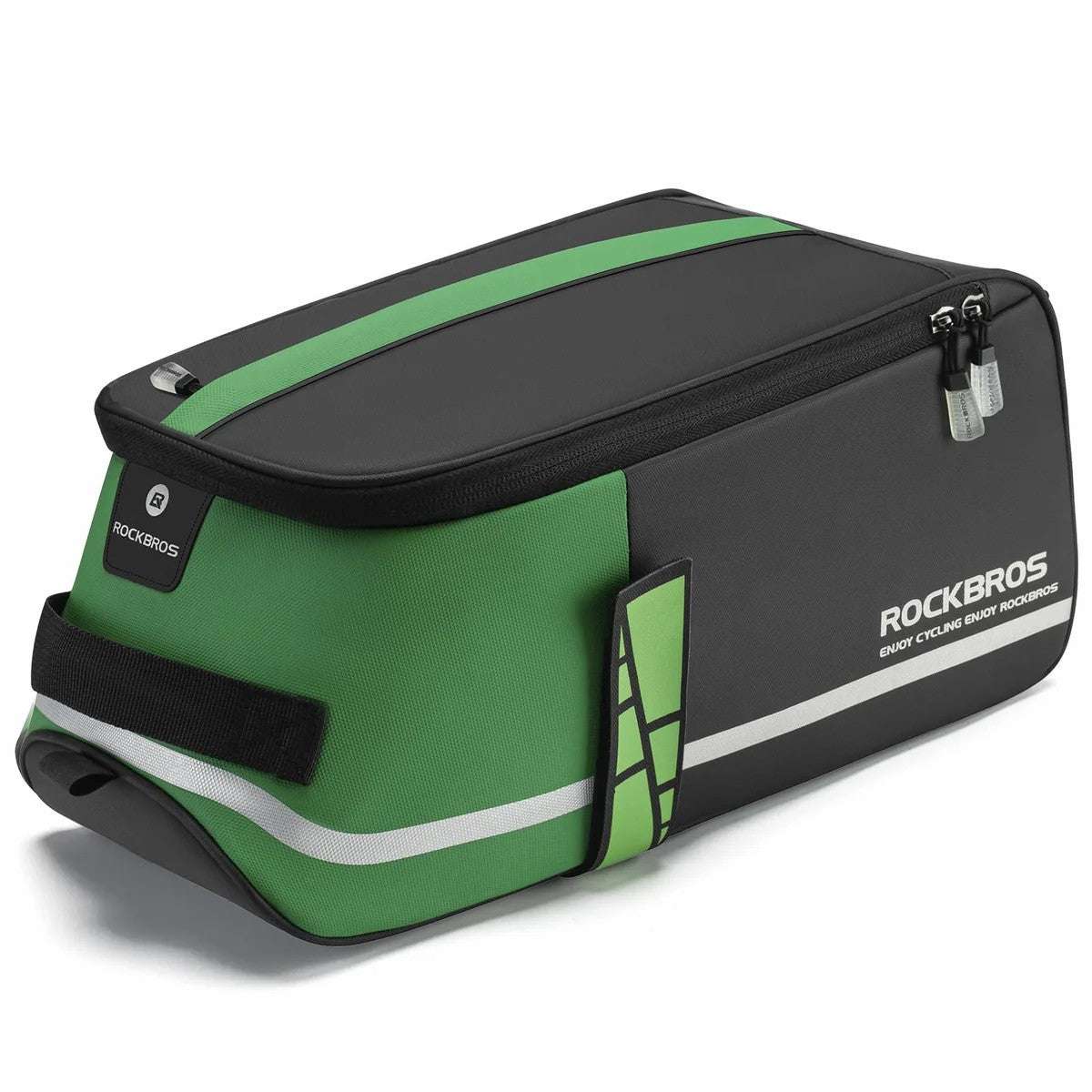 4L bike rear rack bag with green and black panels, top zip, side handle, and logo patch