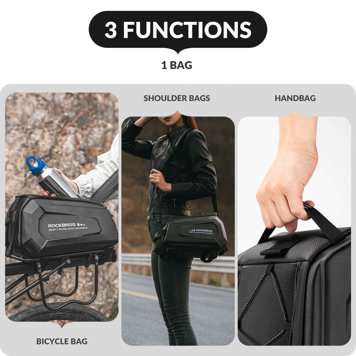 Black bike trunk bag shown as bicycle bag, shoulder bag, and handheld bag
