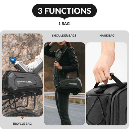 Black bike trunk bag shown as bicycle bag, shoulder bag, and handheld bag