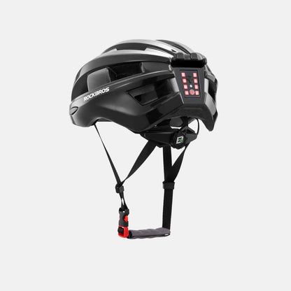 Black bike helmet with rear LED light panel and front ventilation vents