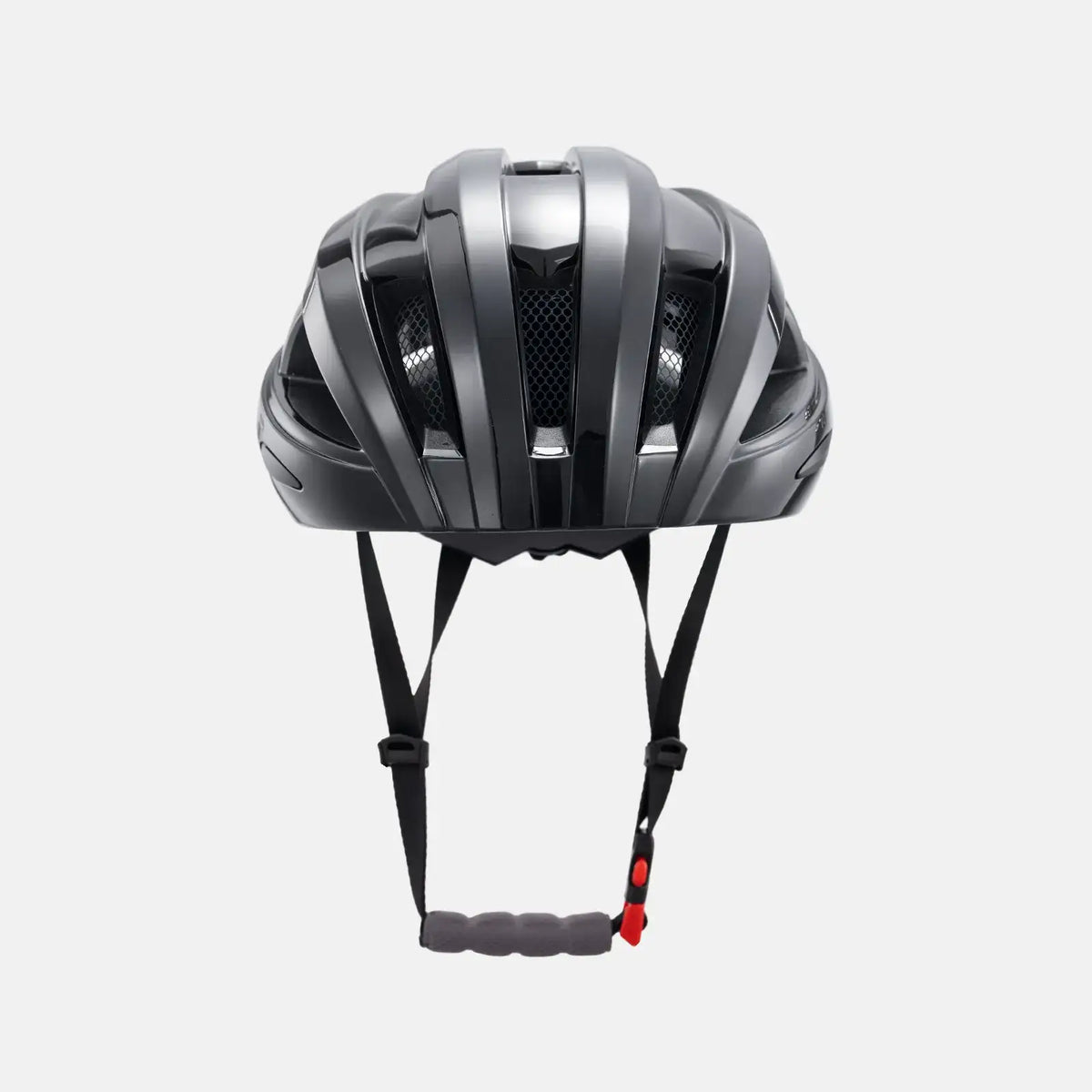 Black bike helmet with aerodynamic shell and adjustable chin straps