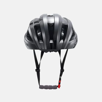 Black bike helmet with aerodynamic shell and adjustable chin straps
