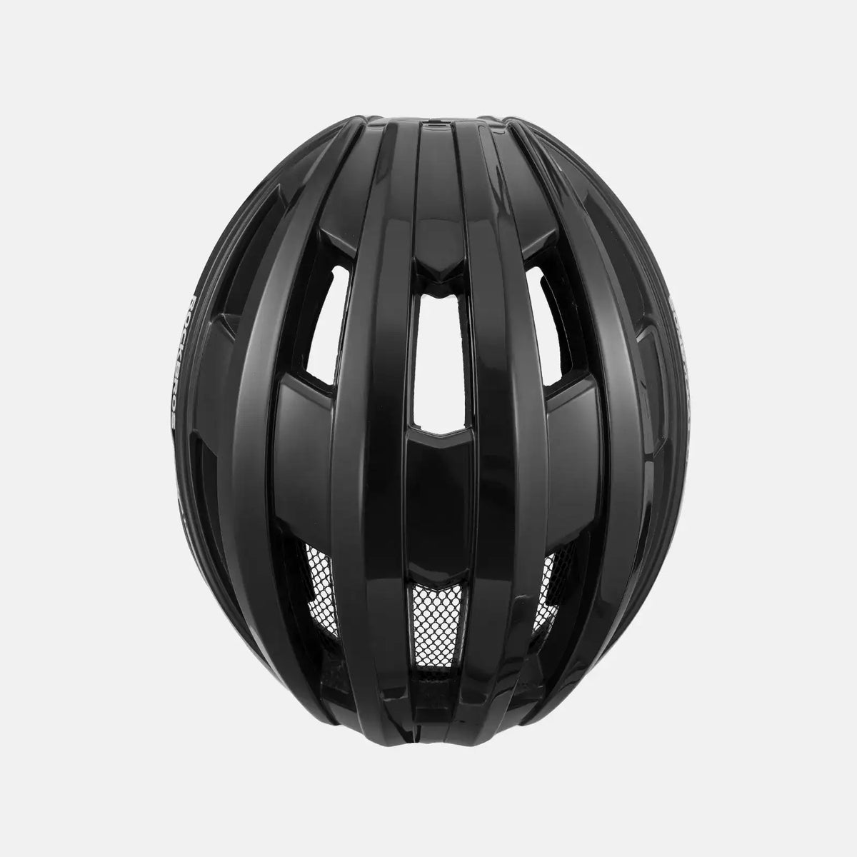 Black bike helmet top view with vent channels and glossy shell finish