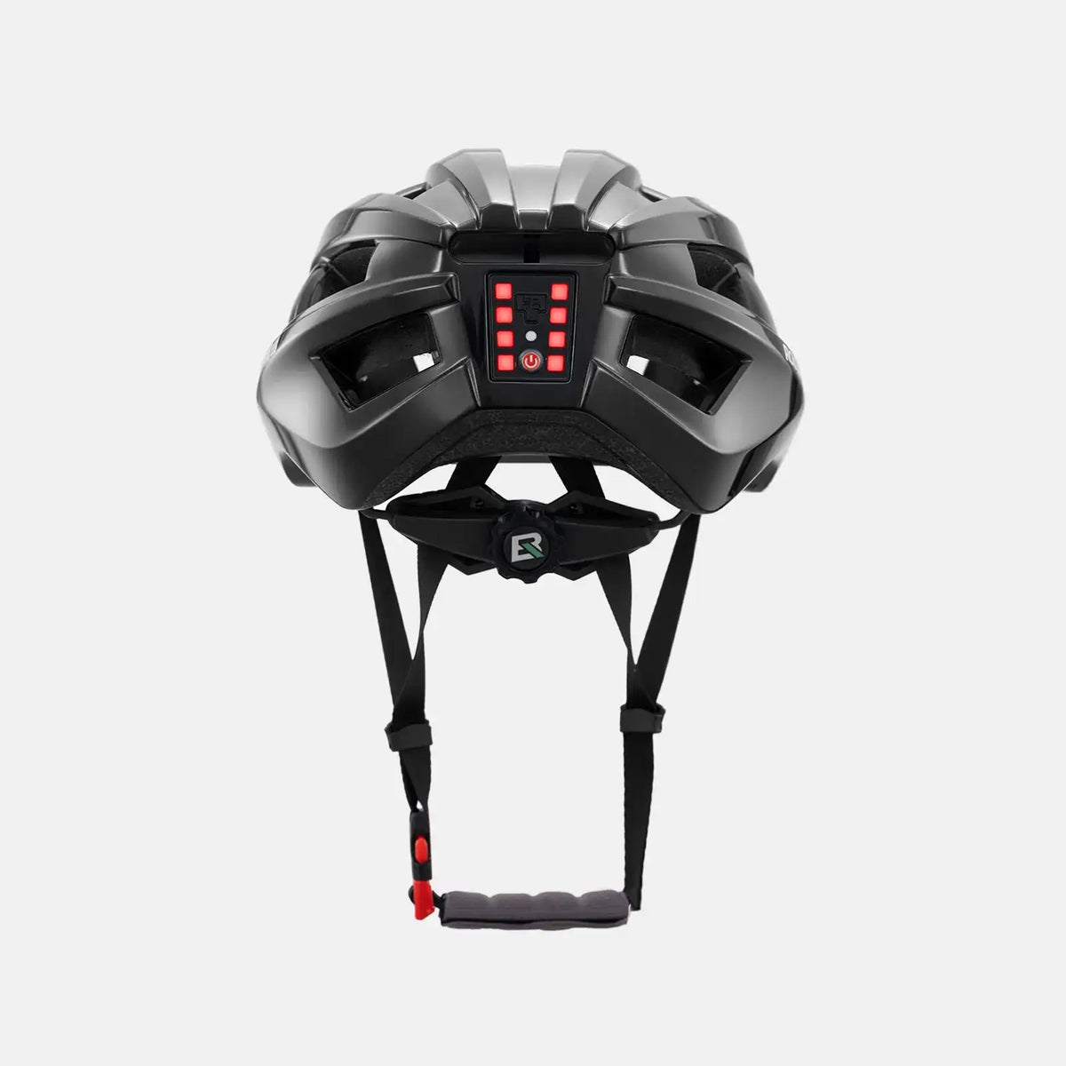 Black bike helmet with illuminated rear LED light grid