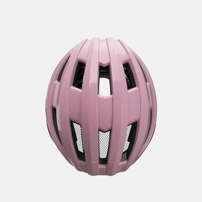 Pink bike helmet rear top view with ventilation openings