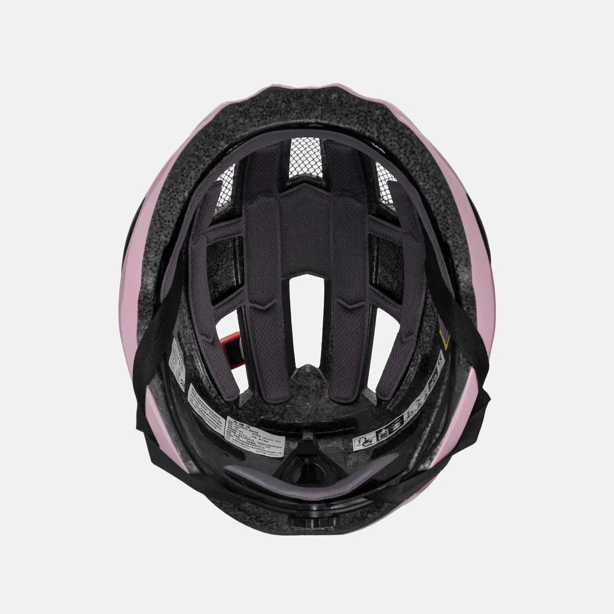 Pink bike helmet interior padding and airflow vents, rear view