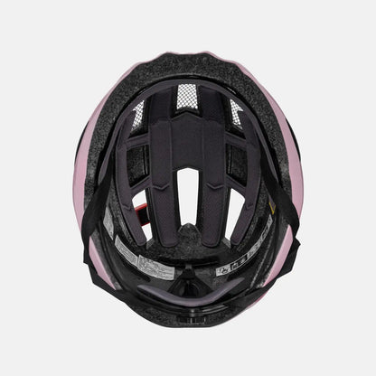 Pink bike helmet interior padding and airflow vents, rear view