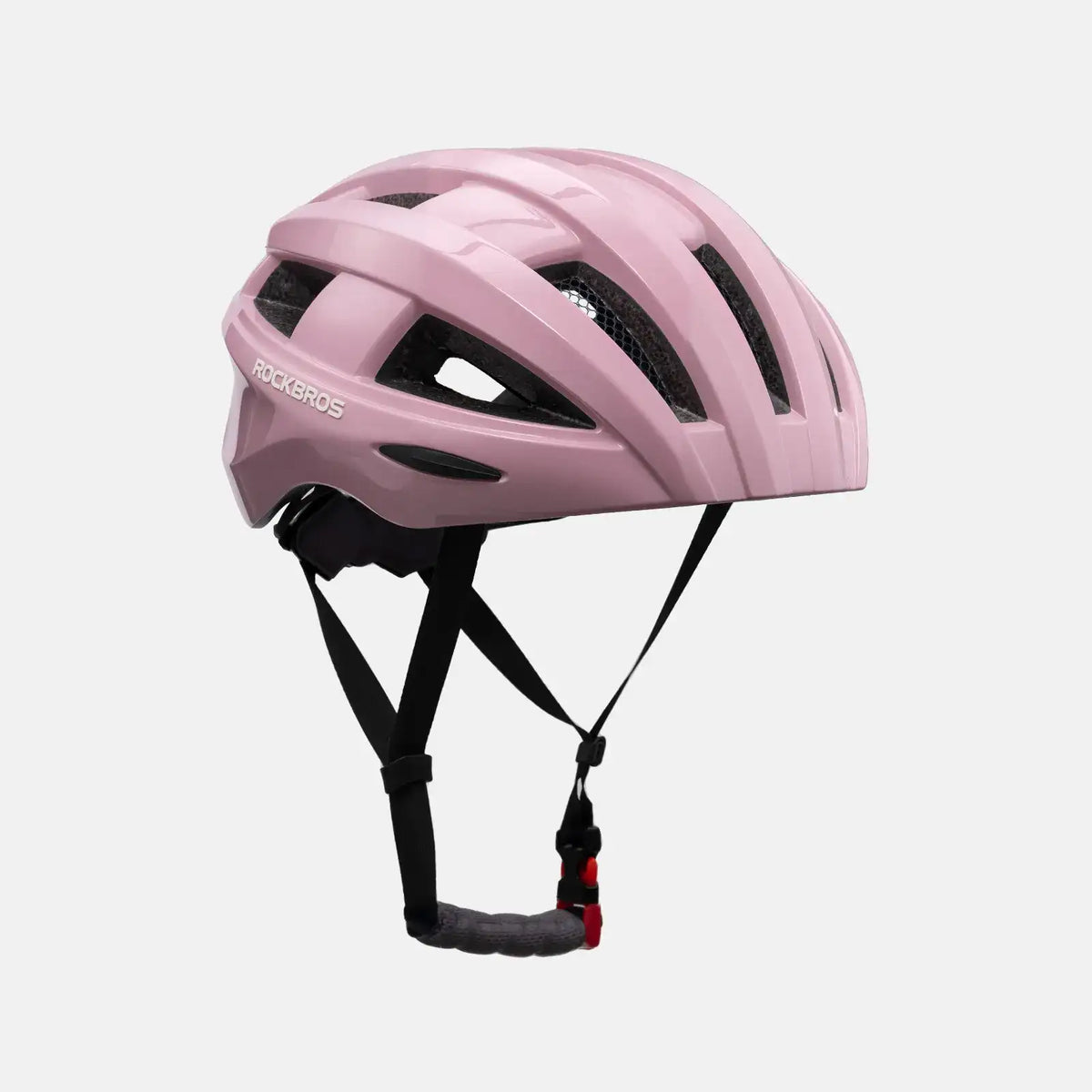 Pink bike helmet back view with adjustable chin strap and vents