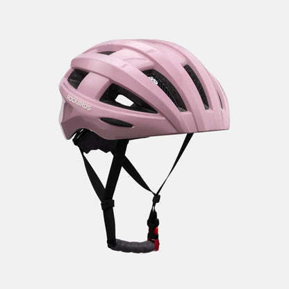 Pink bike helmet back view with adjustable chin strap and vents