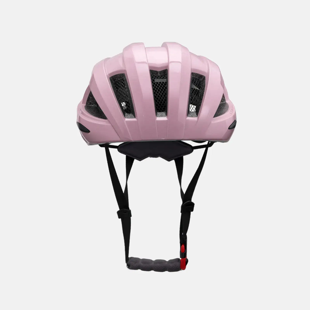 Pink bike helmet with front vents and chin straps, front-facing view