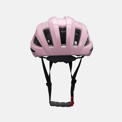 Pink bike helmet with front vents and chin straps, front-facing view