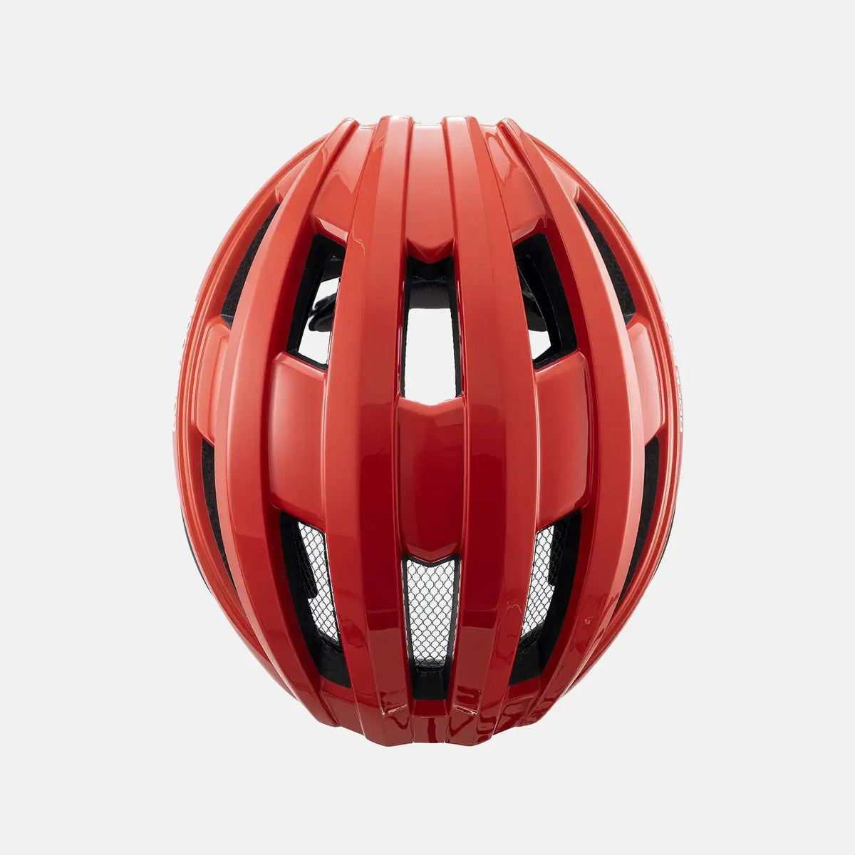 Red bike helmet with vented top and aerodynamic ridges