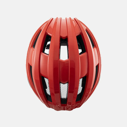 Red bike helmet with vented top and aerodynamic ridges