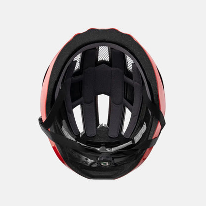 Red bike helmet interior with black padding and vent channels