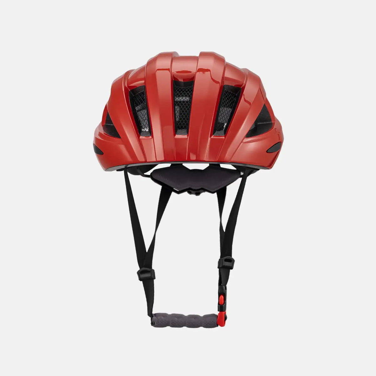 Red bike helmet with rear vent panels and black chin straps