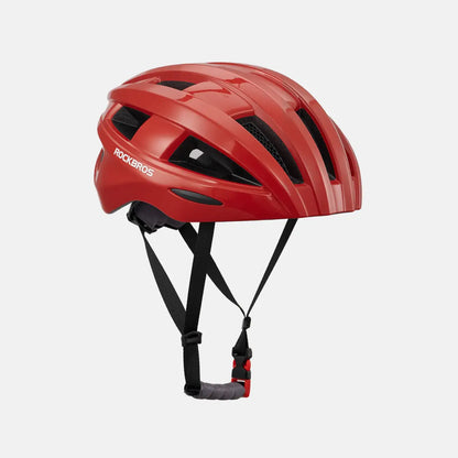 Red bike helmet with rear light housing and adjustable chin straps