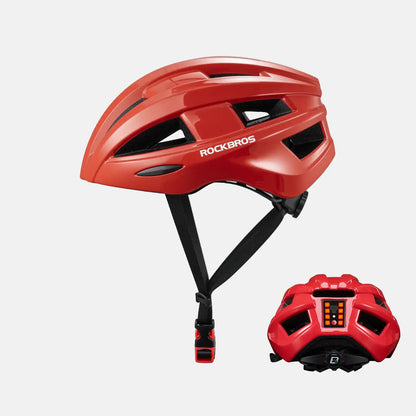 Red bike helmet with rear LED light and matching adjustable chin straps