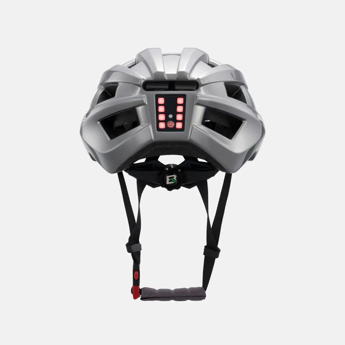 Light gray bike helmet with rear LED light, black straps, and vented shell