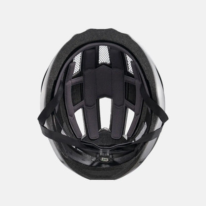 Black and light gray bike helmet interior with padding and vent openings