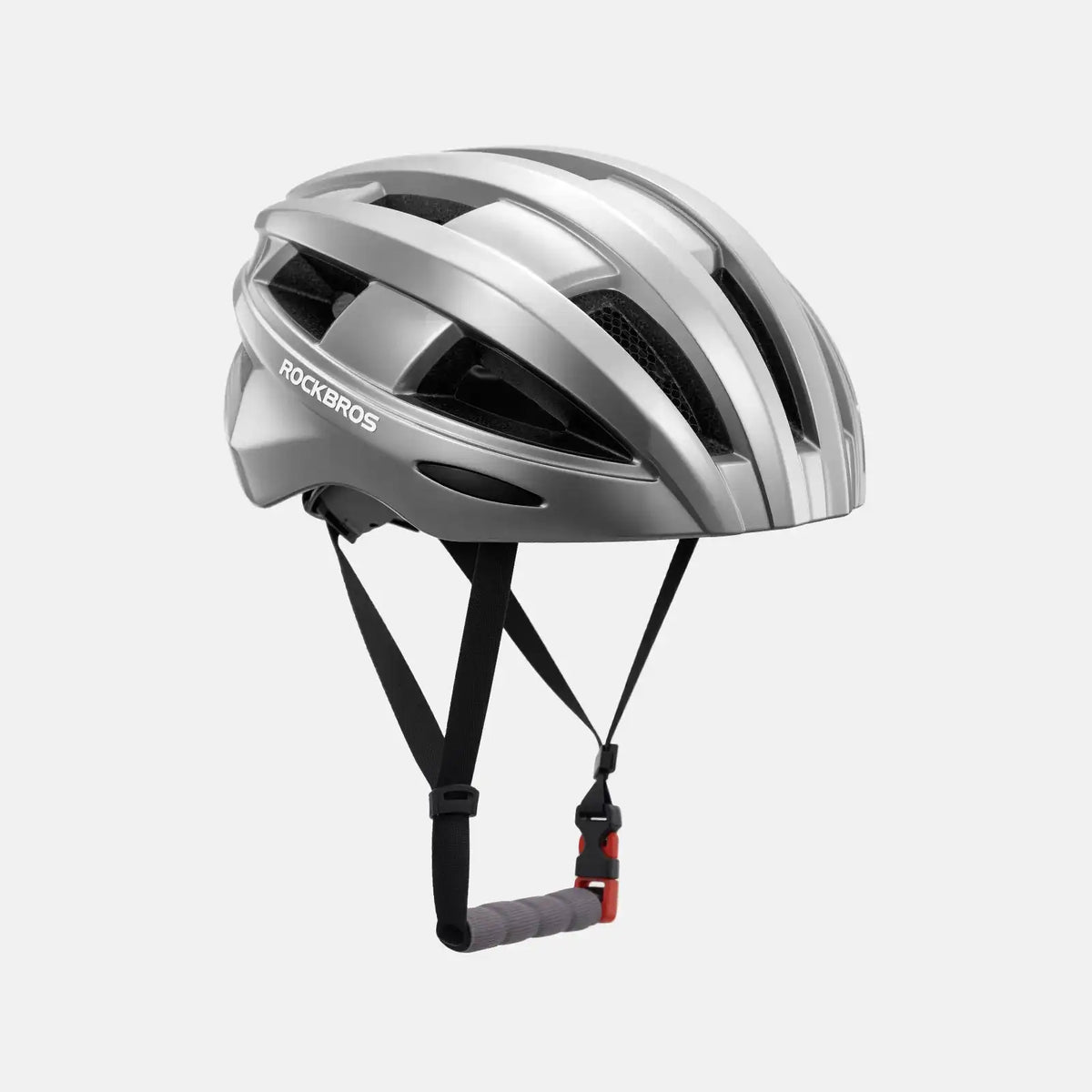 Silver bike helmet with side vents and adjustable black strap system