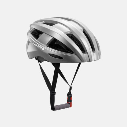 Silver bike helmet with side vents and adjustable black strap system