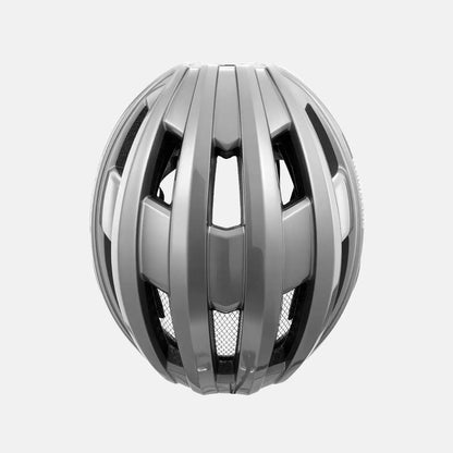 Light gray bike helmet with vented top and glossy surface