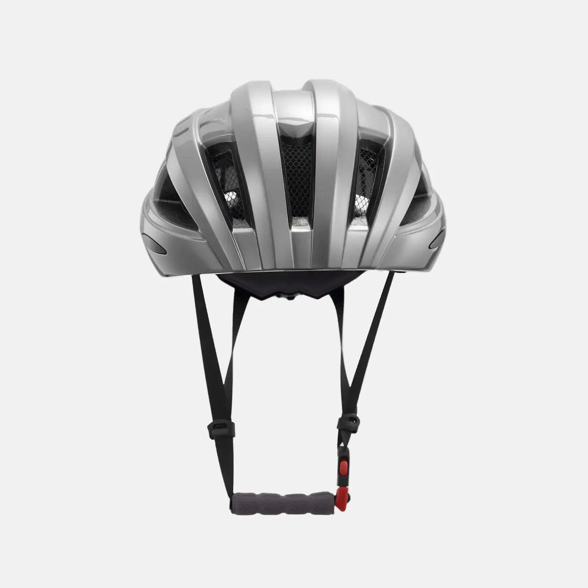Light gray bike helmet with front vents and chin strap adjustment