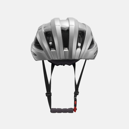 Light gray bike helmet with front vents and chin strap adjustment