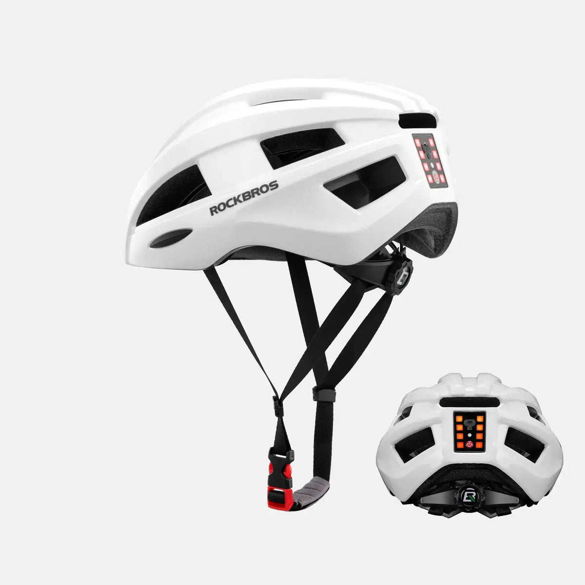 White bicycle helmet with rear LED light and adjustable chin straps