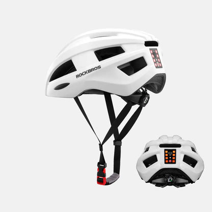 White bicycle helmet with rear LED light and adjustable chin straps