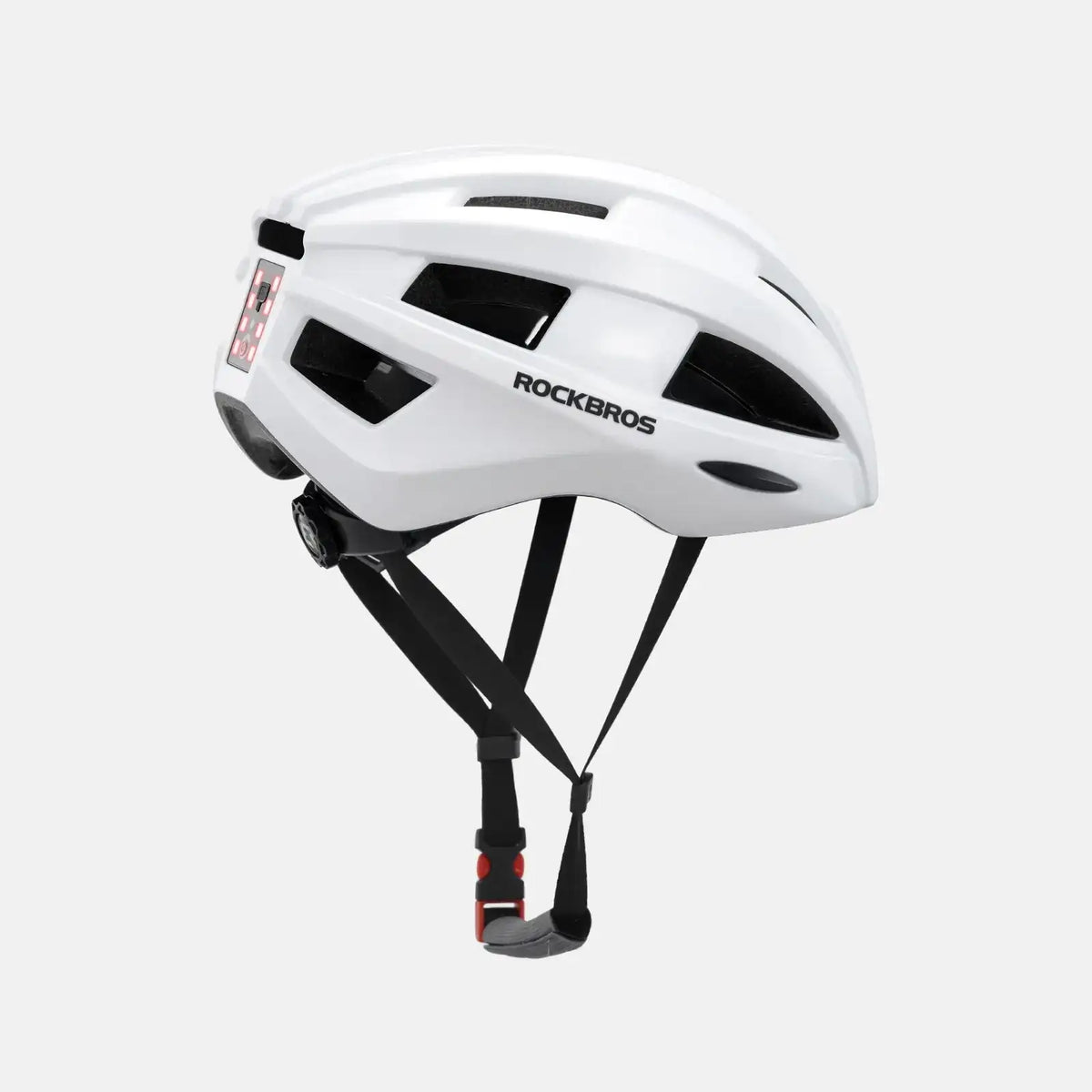 White bike helmet with rear LED strip, vents, and adjustable chin strap