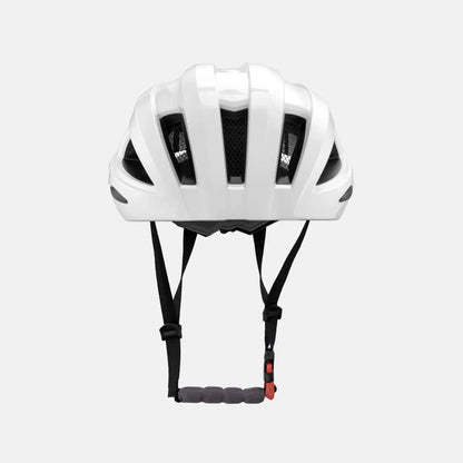 White bike helmet with rear LED housing, ventilation slots, and chin straps